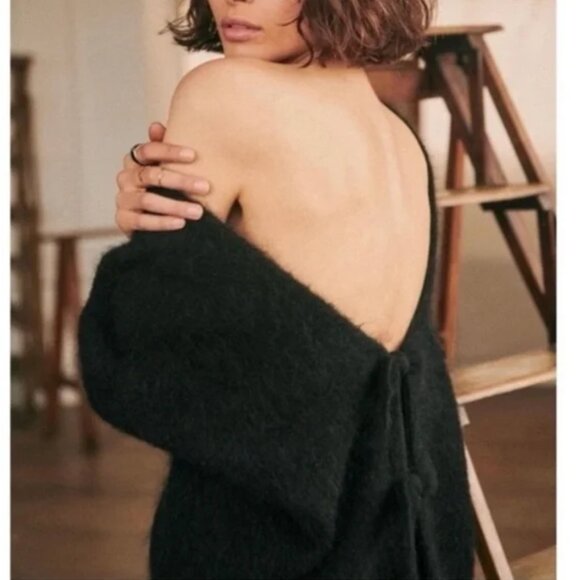 Sezane Aurette Jumper Sweater Black Noir French V Neck Bow Knit - Picture 4 of 10